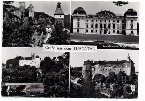 [Ansichtskarte] A 2082 Hardegg, Burg, Schloß Riegersburg, Burg Karlstein, Burg Raabs, Thayatal. 