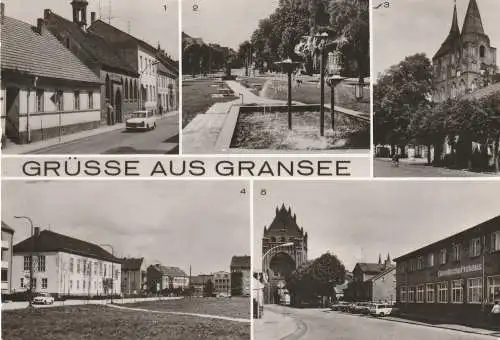 [Ansichtskarte] 0-1430 GRANSEE, Grüße aus..., Breitscheid -Strasse, Platz Opfer des Faschismus, Marienkirche, Polytechnische Oberschule, HO Gesellschaftshaus, 1983. 