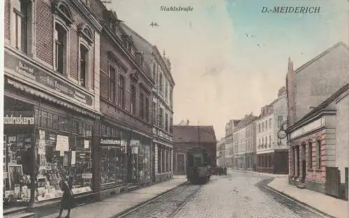 [Ansichtskarte] 4100 DUISBURG - MEIDERICH, Stahlstrasse, Strassenbahn, Druckerei - Kunsthandlung Kaumann, "Ansichtskarten", Drogerie, 1915, Brfm. fehlt. 