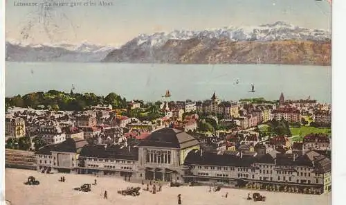 [Ansichtskarte] CH 1000 LAUSANNE VD, Bahnhof und die Alpen, an Boed Dampfer LA SUISSE, 1917. 