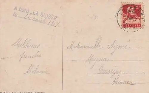 [Ansichtskarte] CH 1000 LAUSANNE VD, Bahnhof und die Alpen, an Boed Dampfer LA SUISSE, 1917. 