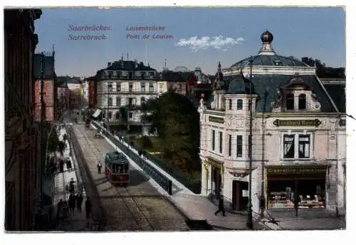 [Ansichtskarte] 6600 SAARBRÜCKEN, Cigarren - Lotterie Lose Leonhard Bauer an der Luisenbrücke, Strassenbahn, 1929. 