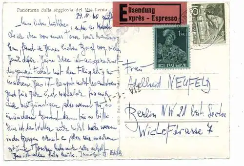 [Ansichtskarte] CH 6986 MIGLIEGLIA, Seilbahn zum Monte Lema, 1960, Eisendung / Expres nach Berlin. 