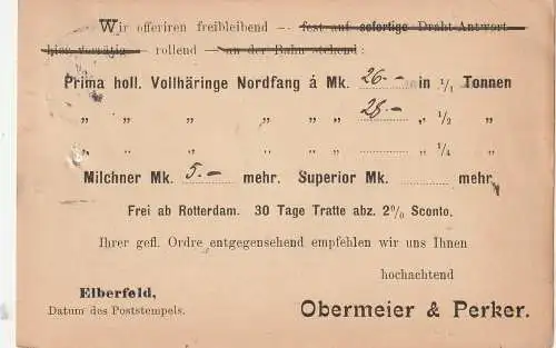 [Ansichtskarte] 5600 WUPPEERTAL - ELBERFELD, Firmen-Postkarte Obermeier & Perker, Hering-Grosshändler, Nadelloch. 