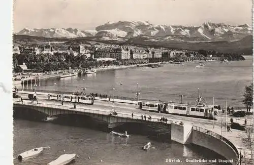 [Ansichtskarte] CH 8000 ZÜRICH ZH, Quaibrücke, Utoquai, Strassenbahnen, 1953, Poststempel Dachsen. 