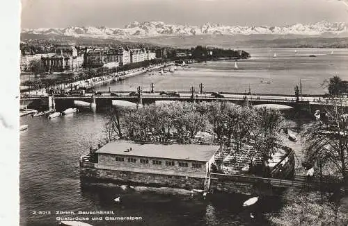 [Ansichtskarte] CH 8000 ZÜRICH ZH, Restaurant an der Quaibrücke,  Blick auf die Alpen, 1954. 