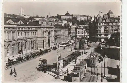 [Ansichtskarte] CH 8000 ZÜRICH ZH, Bahnhofplatz, Hochschulen, Strassenbahnen, Taxen...1944. 