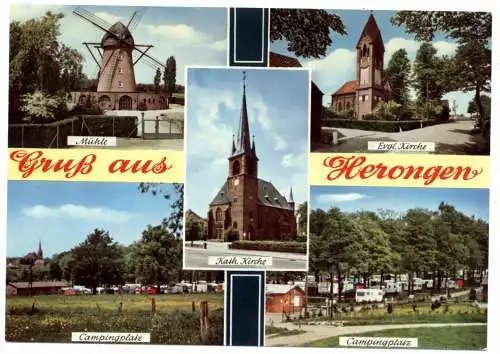 [Ansichtskarte] 4172 STRAELEN - HERONGEN, Campingplatz, Katholische Kirche, Evangelische Kirche, Windmühle. 