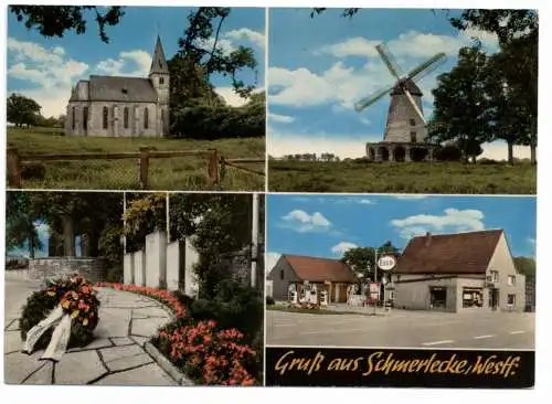 [Ansichtskarte] 4782 ERWITTE - SCHMERLECKE, Kirche, Kriegerdenkmal, Windmühle, ESSO - Tankstelle. 