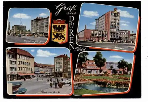 [Ansichtskarte] 5160 DÜREN, Markt, Wirteltorplatz, Rathaus, Stadthalle, Anfang 60er Jahre. 