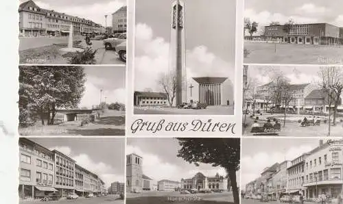 [Ansichtskarte] 5160 DÜREN, Josef Schregelstrasse, Zehnthofstrasse, Stadthalle, Kirche, Hoeschplatz, Markt..., 1958. 