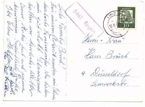 [Ansichtskarte] 5453 KRUNKEL - EPGERT über Linz / Rh. Fremdenpension Heiderhof, VW - Käfer, 1962, Landpoststempel "5461 Epgert". 