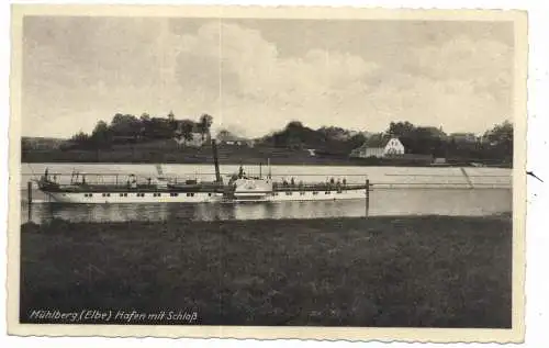 [Ansichtskarte] 0-7906 MÜHLBERG, Hafen, Schloß, Elbe - Dampfer "STADT WEHLEN". 