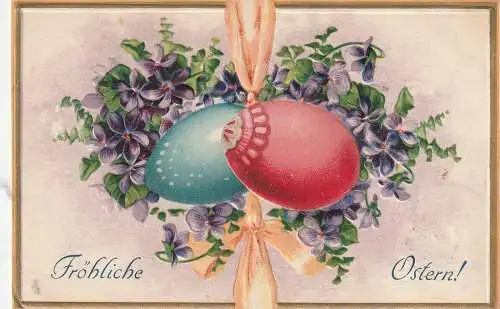 [Ansichtskarte] OSTERN - Fröhliche Ostern, 2 bunte Eier im Blumenkranz, Präge-Karte / embossed / relief, 1912. 