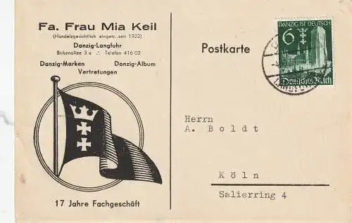 [Ansichtskarte] DANZIG - LANGFUHR, Firmen Karte Fa. Mia Keil, Spezialgeschäft für Danzig - Briefmarken, 1939. 