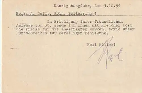 [Ansichtskarte] DANZIG - LANGFUHR, Firmen Karte Fa. Mia Keil, Spezialgeschäft für Danzig - Briefmarken, 1939. 
