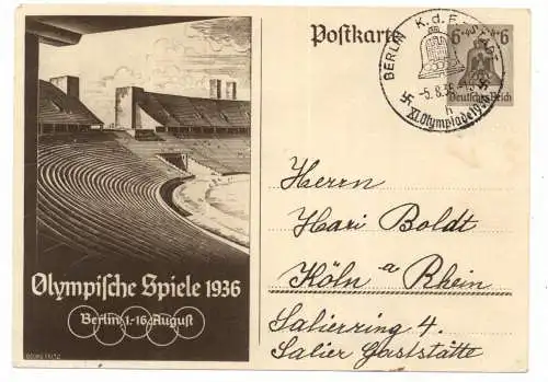 [Ansichtskarte] OLYMPIA 1936 BERLIN, Ganzsache Olympiastadion, K.d.F. - Stadt Abstempelung, AK einer Besucherin der Spiele. 