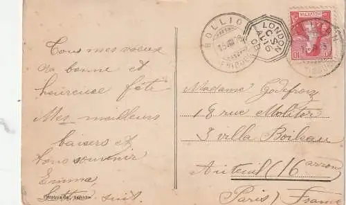 [Ansichtskarte] CH 1470 ESTAVAYER LE LAC FR, Tour du Chateau, geschrieben an Madame Godefroy, Villa Boileau Auteuil, 1908, Ankunftsstempel LONDON ?. 