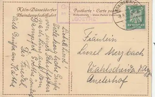 [Ansichtskarte] BINNENSCHIFFE - RHEIN, "GOETHE" Werbekarte der Köln - Düsseldorf, Bordstempel 1925. 