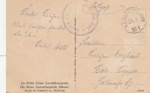 [Ansichtskarte] L 6200 CONSDORF, Kl. Lux. Schweiz,  deutsche Feldpost No. 1, II. Mob. Landst. Inf. Batl. Aachen. 