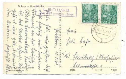 [Ansichtskarte] 0-7962 DAHME, Hauptstrasse, 1961, Landpoststempel "Lebusa über Falkenberg / Elster". 