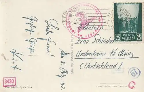 [Ansichtskarte] VATICAN - Basilica di S. Pietro, 1943, Zensuren nach Deutschland. 