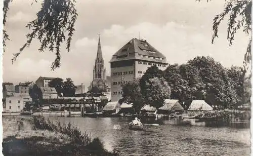 [Ansichtskarte] 0-2030 DEMMIN, Peene, Hafen, Fischerhütten, Landpoststempel "Ganschendorf über Demmin", 1958. 