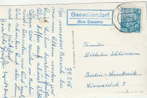[Ansichtskarte] 0-2030 DEMMIN, Peene, Hafen, Fischerhütten, Landpoststempel "Ganschendorf über Demmin", 1958. 