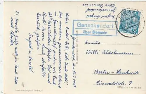 [Ansichtskarte] 0-2030 DEMMIN, Bartholomäikirche, Landpoststempel "Ganschendorf über Demmin", 1957. 