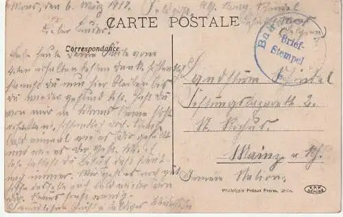 [Ansichtskarte] B 7000 MONS, Tour du Val des Ecoliers, deutsche Feldpost Bahnhof Mons, 1917. 