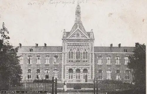 [Ansichtskarte] B 7000 MONS, L'Hopital, deutsche Feldpost Bahnhof Mons, 1917. 