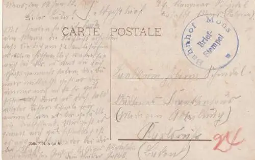 [Ansichtskarte] B 7000 MONS, L'Hopital, deutsche Feldpost Bahnhof Mons, 1917. 