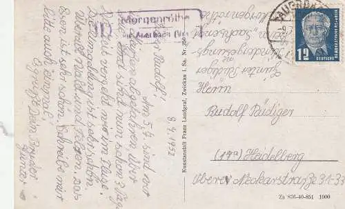 [Ansichtskarte] 0-9651 MULDENHAMMER - MORGENRÖTHE, Landpoststempel "Morgenröthe über Auerbach"1952. 
