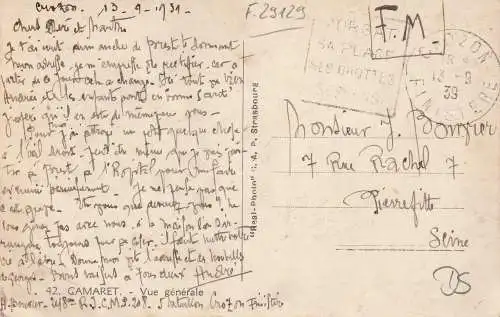 [Ansichtskarte] F 29129 CAMARET, Vue generale, 1939, Militärpost. 