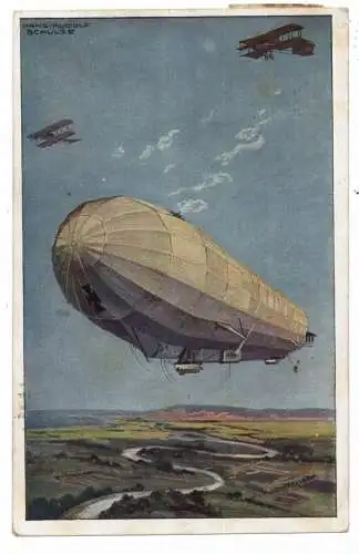 [Ansichtskarte] MILITÄR 1. Weltkrieg, Militärluftkreuzer "HANSA" / Zeppelin im Kampf mit feindlichen Fliegern, 1917. 