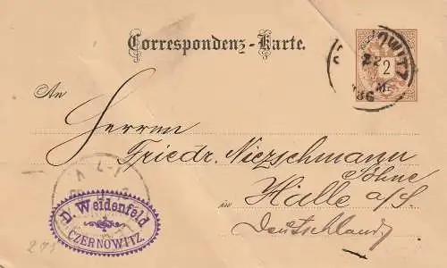 [Ansichtskarte] UKRAINE - CZERNOWITZ, Postgeschichte, Ganzsache 1886. 