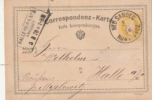 [Ansichtskarte] PL 33-300 NEU SANDEC / NOWY SACZ, Postgeschichte Ganzsache 1876 nach Halle / Saale - Kastenstempel. 