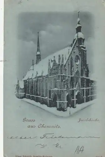 [Ansichtskarte] 0-9000 CHEMNITZ, Jacobikirche im Schnee, Mondscheinkarte 1899. 