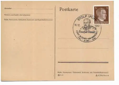 [Ansichtskarte] POMMERN - STOLP / SLUPSK, Postgeschichte - Sonderstempel Fürst Blücher von Wahlstatt, 1942. 