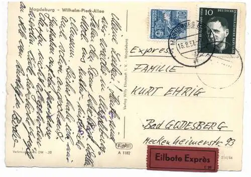 [Ansichtskarte] 0-3000 MAGDEBURG, Wilhelm - Pieck - Allee, Strassenbahnen, EILBOTE / EXPRESS nach Bonn. 