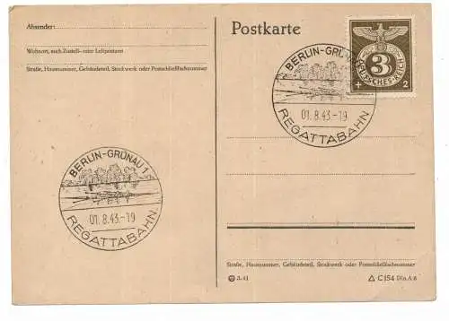 [Ansichtskarte] SPORT - RUDERN, Sonderstempel Berlin - Grünau, Regattabahn, 1943, Druckstelle. 
