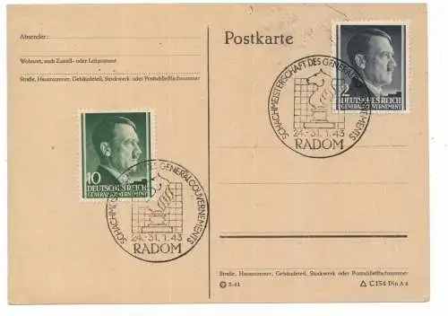 [Ansichtskarte] SPORT - SCHACH / CHESS, "Schachmeisterschaften des Generalgouvernements", Radom 1943, Sonderstempel. 