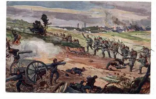 [Ansichtskarte] MILITÄR 1.Weltkrieg, "Wegnahme einer französischen Batterie" Künstler-Karte, deutsche Feldpost 1915, Trier. 