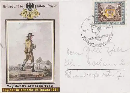 [Ansichtskarte] 5000 KÖLN, EREIGNIS, Tag der Briefmarke 1943, Klapperpost von 1941 überdruckt Tag der Briefmarke 1943, Sonderstempel Köln 10.01.1943, selten angeboten. 