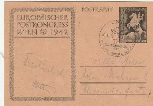 [Ansichtskarte] 5000 KÖLN, POSTGESCHICHTE, Sonderstempel Tag der Briefmarke 1943 auf GA P 294 b. 