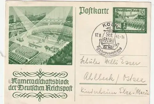 [Ansichtskarte] 5000 KÖLN, POSTGESCHICHTE, Sonderstempel SEEFAHRT ist Not, Reichsausstellung 1941 auf GA P 292. 