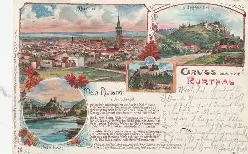 [Ansichtskarte] 5160 DÜREN, Lithographie, Rurtal, Nideggenbrück / Heimbach / Montoje / Mein Rurland - Lied von Josef Schregel, 1902. 