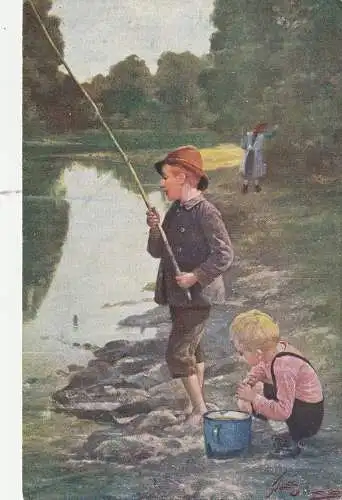 [Ansichtskarte] KINDER / CHILDREN beim Angeln / Fishing, Künstler-Karte Josef Süß, Brüder Kohn - Wien. 