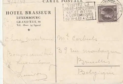 [Ansichtskarte] L 1000 LUXEMBURG STADT, Hotel Brasseur, 1948, div. Mängel. 