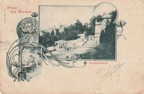 [Ansichtskarte] 5600 WUPPERTAL - BARMEN, Ringeldenkmal, 1903, Verlag Schaar & Dathe - Trier mit rückseitiger Zeichnung, kl. Rinriss. 